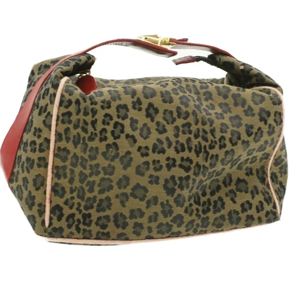 Auth FENDI Leopard Canvas Vanity Pouch Brown Red